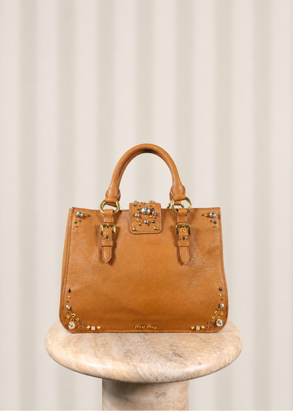 Miu Miu Leather Crystal Embellished Tote