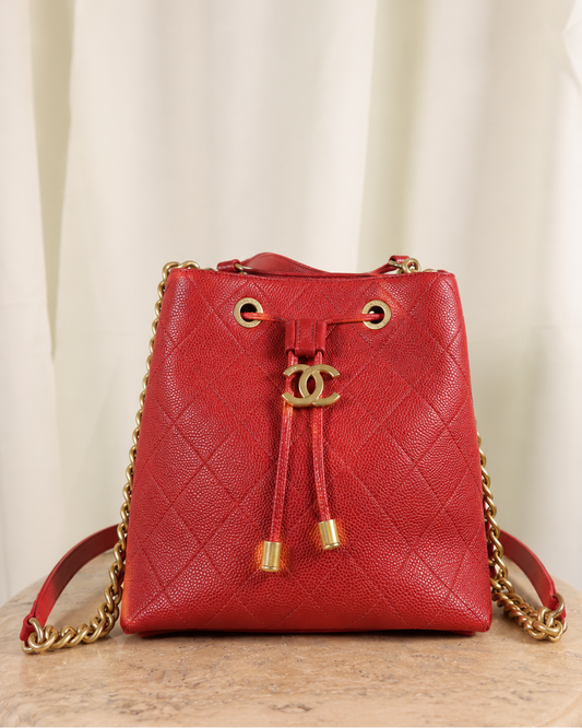 Chanel Red Caviar Leather Bucket Bag