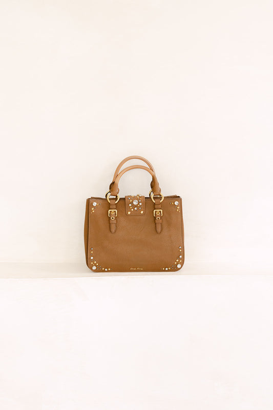 Miu Miu Leather Crystal Embellished Tote