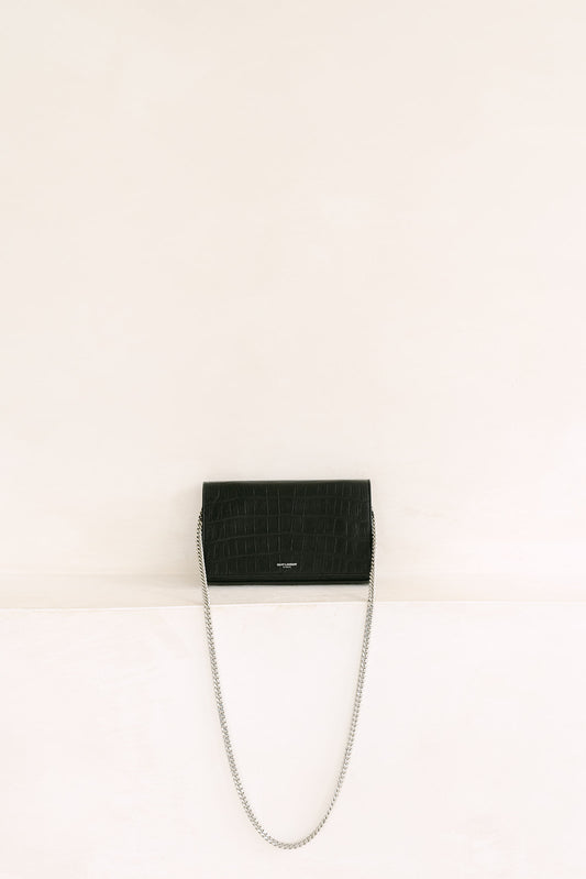 YSL Croc Embossed Leather Wallet On Chain