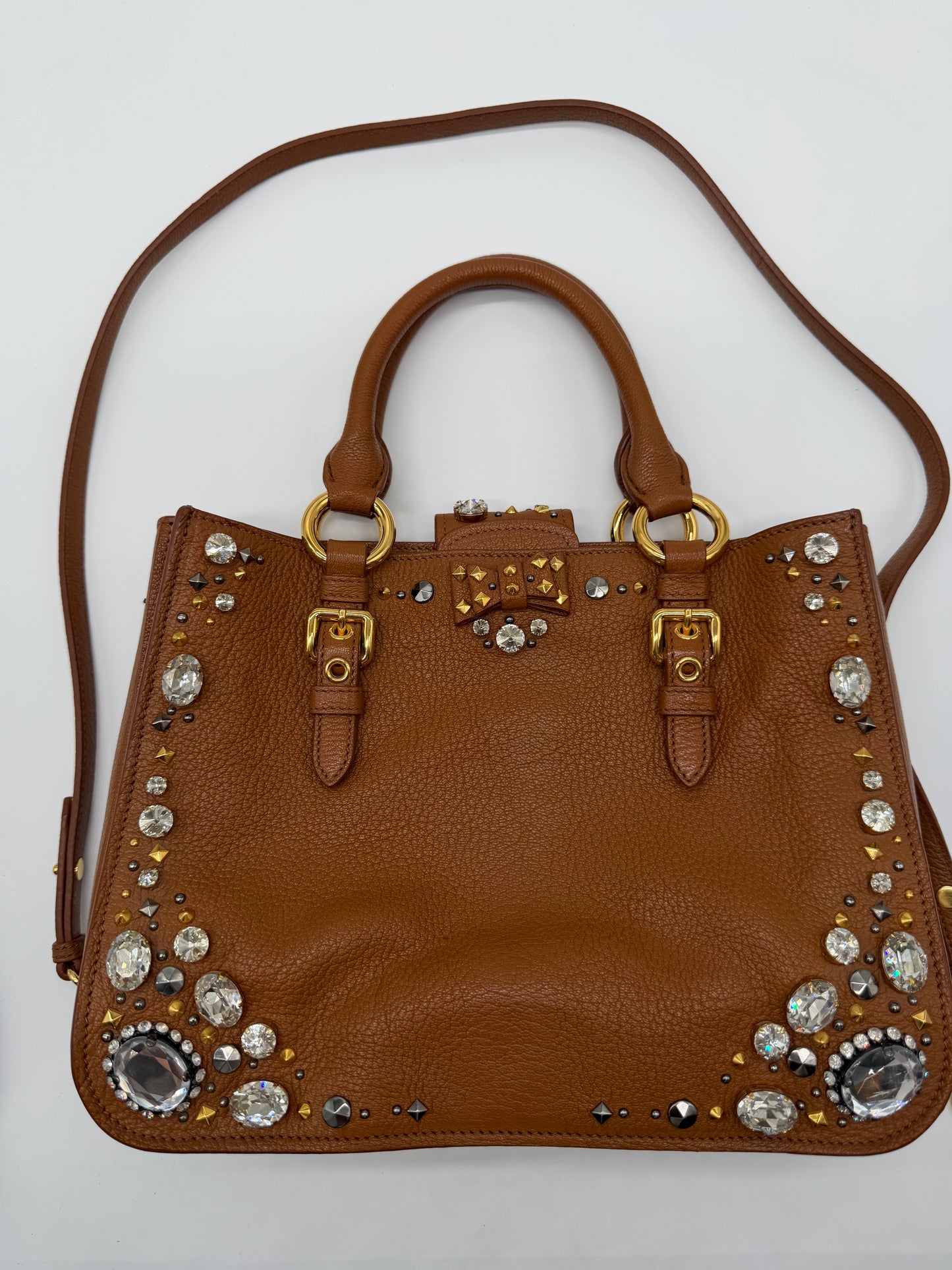 Miu Miu Leather Crystal Embellished Tote