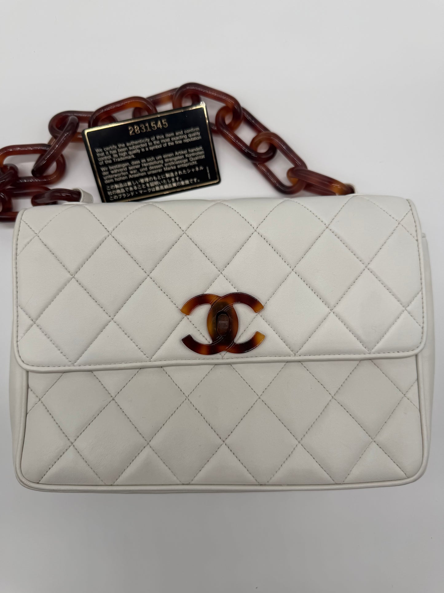 1994 Chanel White Lambskin Tortoiseshell Resin Chain Flap Bag