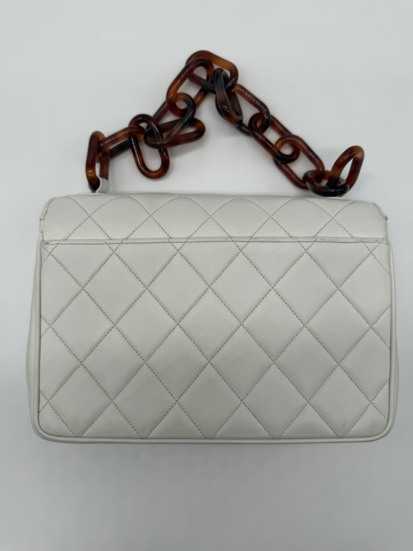 1994 Chanel White Lambskin Tortoiseshell Resin Chain Flap Bag