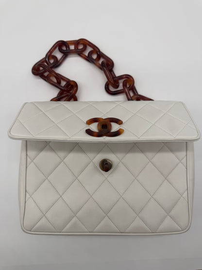 1994 Chanel White Lambskin Tortoiseshell Resin Chain Flap Bag